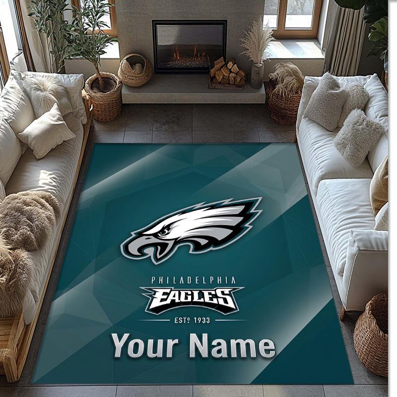 Philadelphia Eagles Crystal Velvet Rug, Custom Name Text Personalized Non‑Slip Floor Mat for Home Decor Gift