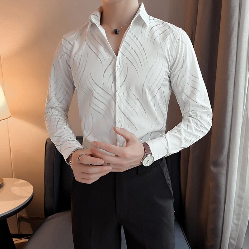 Bronzing Striped Men Shirts Autumn Fashion Long Sleeve Male Dress Shirt Club Party Wear Social Casual Blouse Homme