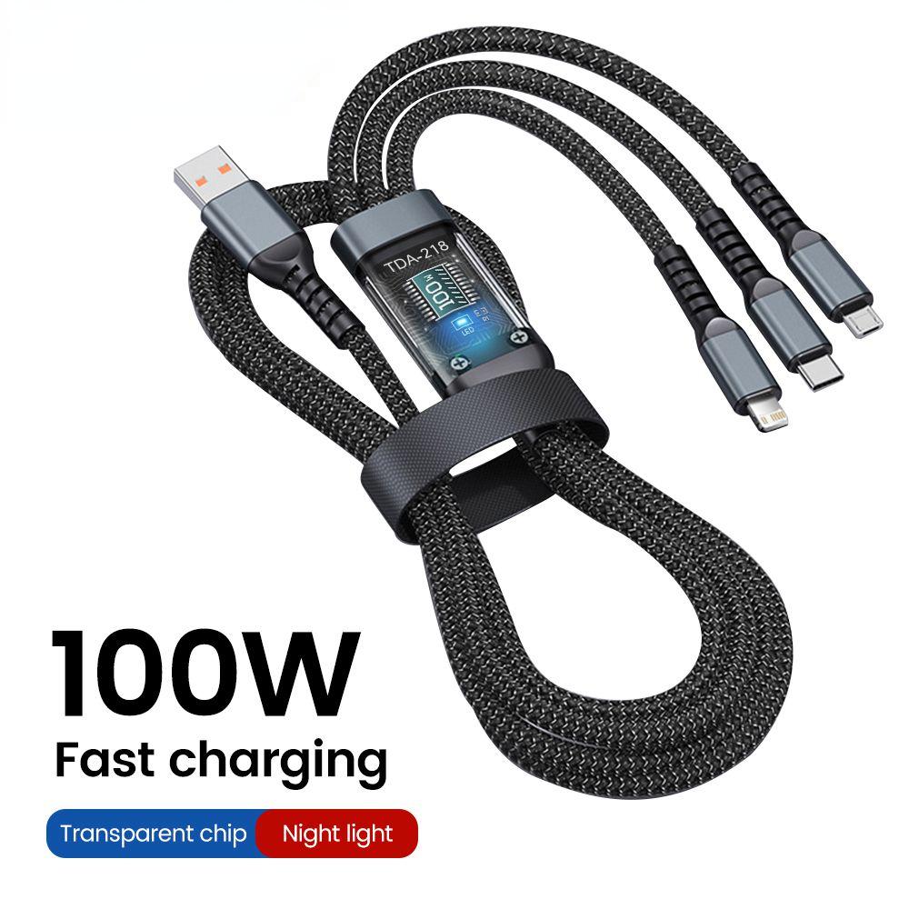 Кабель для быстрой зарядки мощностью 100 Вт с USB Type C, Micro USB и совместимостью с Lightning — длина 1,2 м, прозрачный чип, функция ночной подсветки