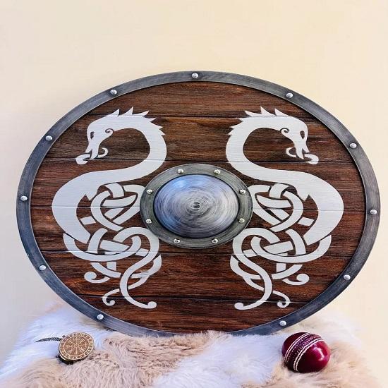 Norse Mythology Valhalla Viking Shield  Dragon Wooden Shield  Medieval Warrior Battle Worn Shield