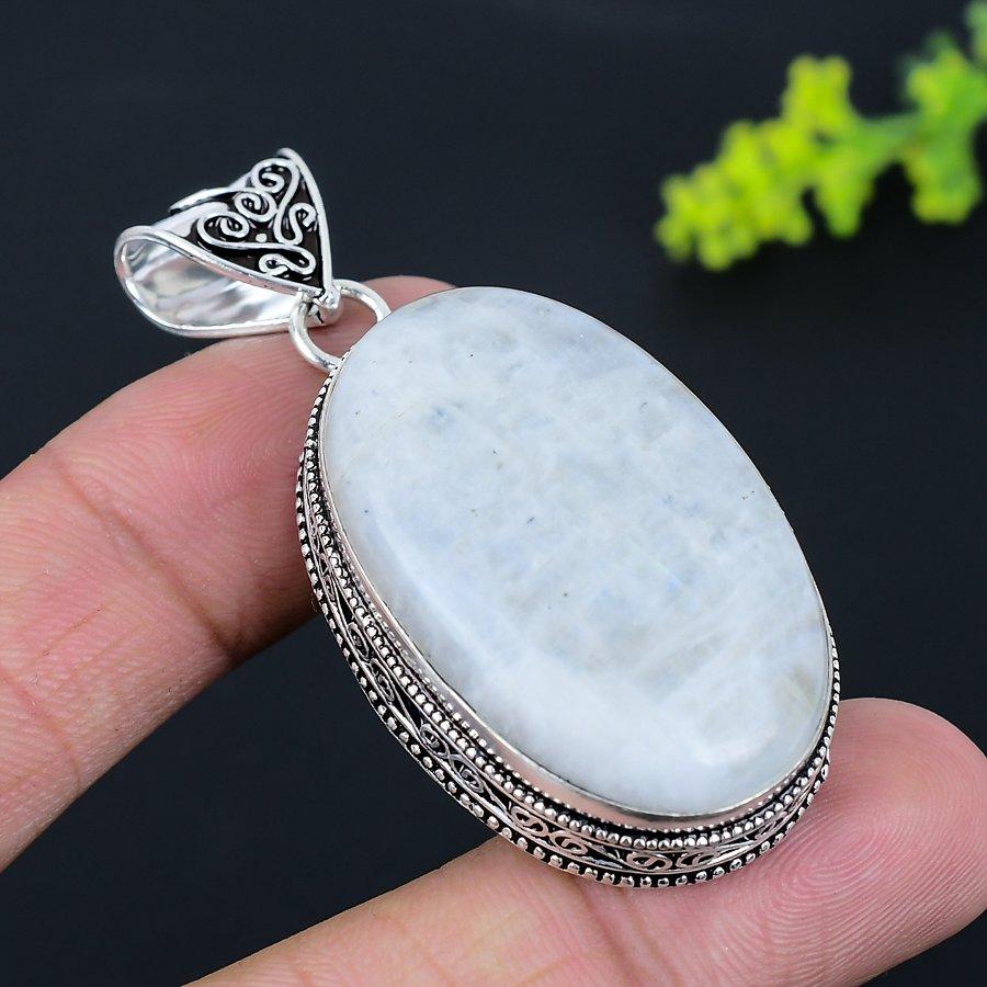 Подвеска из стерлингового серебра 925 пробы с натуральным радужным лунным камнем 2,36 дюйма Q9j91