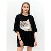 Oversized T Shirt Black Cat Face Print Casual Wear for Women