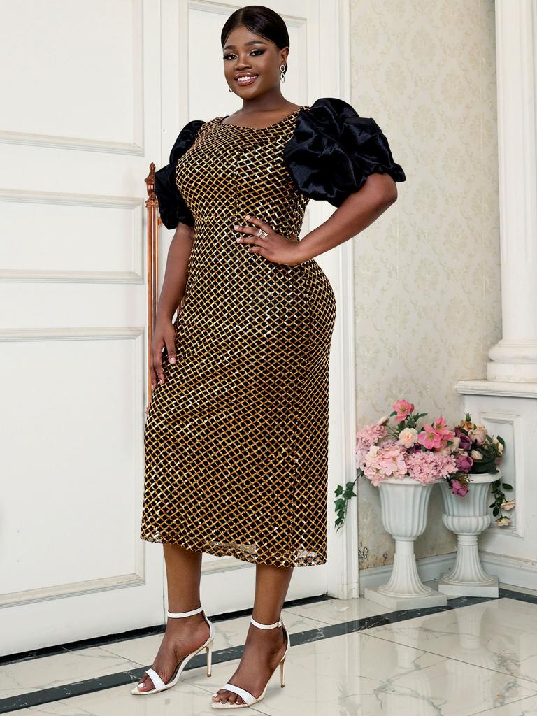 AOMEI Блестящие блестящие платья для женщин с асимметричным вырезом и пышными рукавами, элегантное женское повседневное вечернее клубное платье, праздничное длинное платье