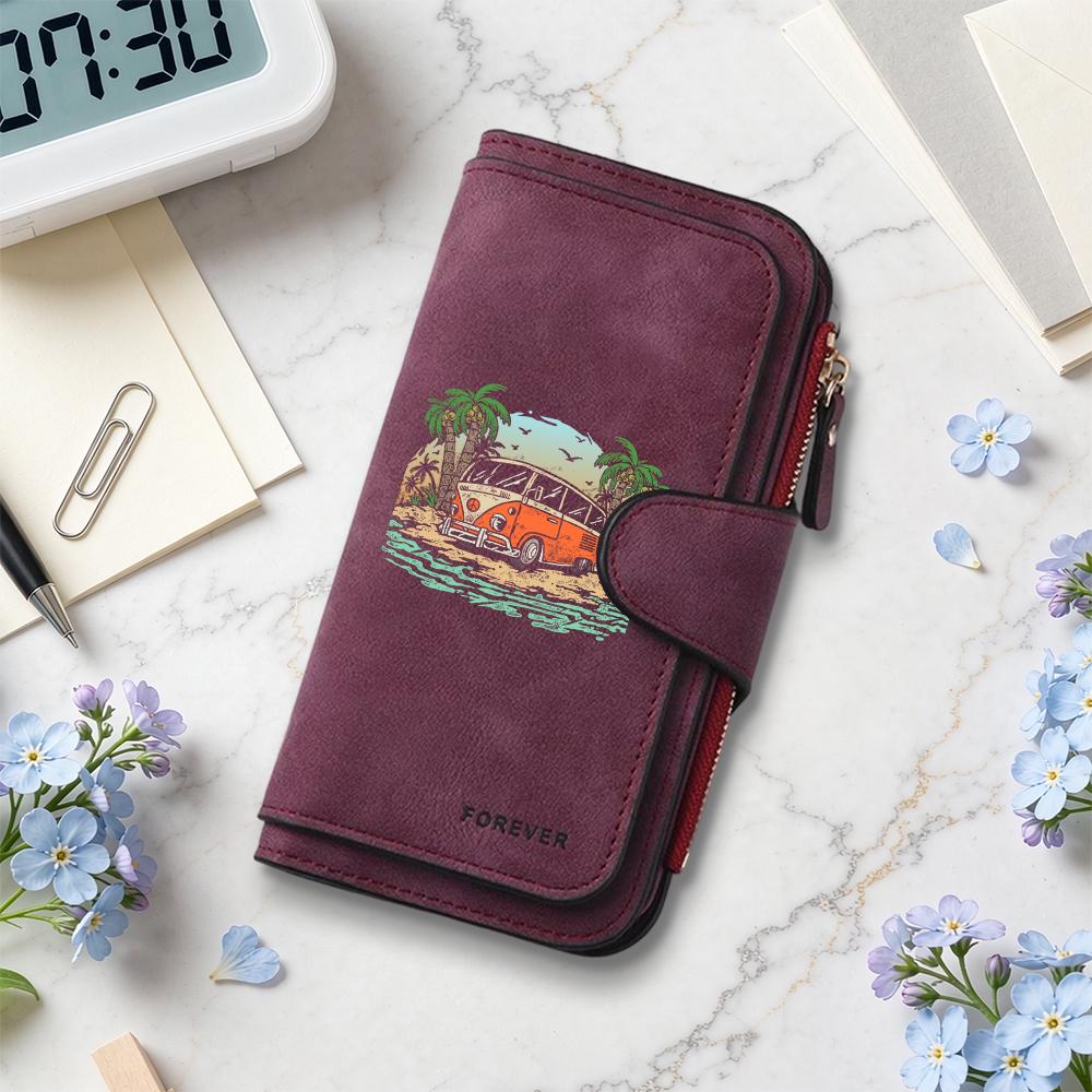Retro Beach Print Long Wallet Forever PU Leather Multi Card Slots Purse