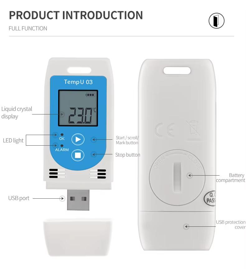 USB Temperature Data Logger TempU03 TempU04 32000 Point PDF Report Temperature Humidity Data Recorder for Storage Cold Chain