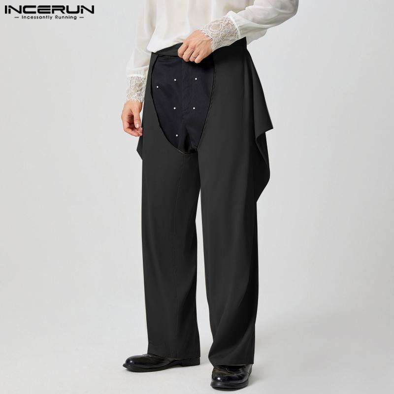 INCERUN Мужские длинные брюки с пуговицами на талии и полым шаговым швом, повседневные брюки с широкими штанинами