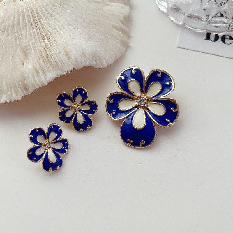 Pinkdudu New French Vintage Court Blue Flower Enamel Brooch 925 Silver Needle Stud Earrings for Women Jewelry PD1010