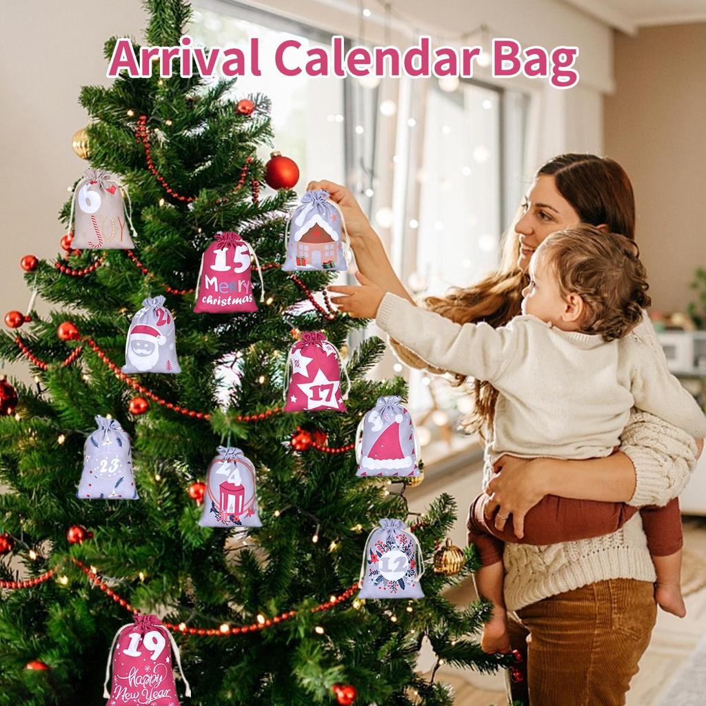 Christmas Countdown Bags 24-Day Reusable Fillable Empty Party Favor Drawstring Bags For Children Family Friends Candy Toys