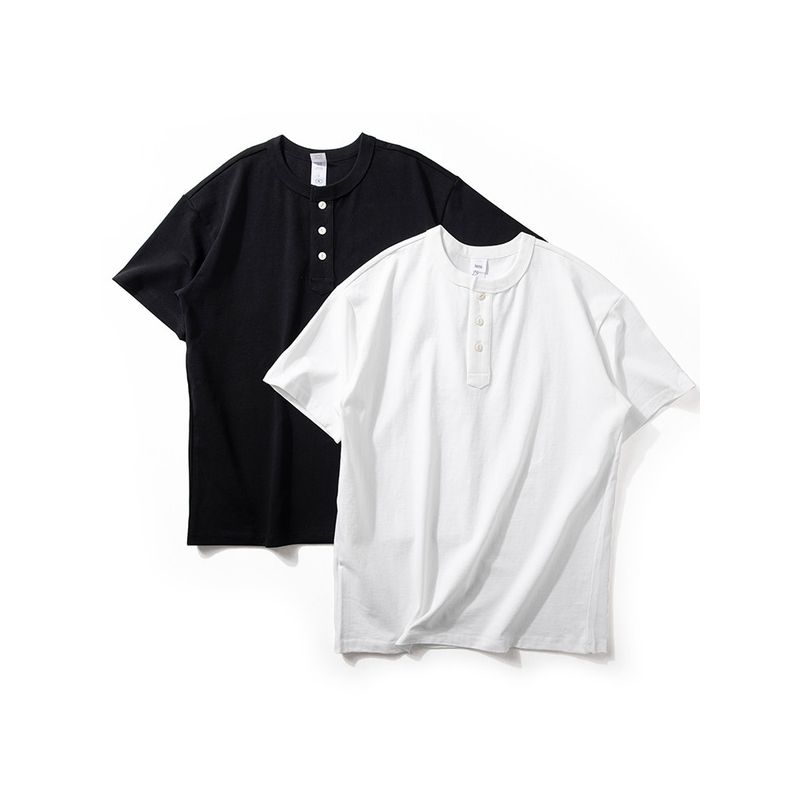 American-Style 300g Heavyweight Short-Sleeve T-Shirt for Men, Summer Casual Solid Color Versatile Top, Stylish Henley Collar Pure Cotton Half-Sleeve