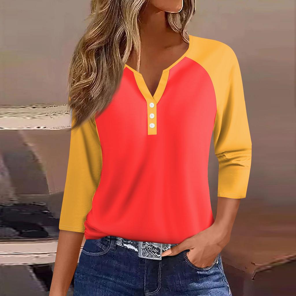 Жен. Футболка Футболка с принтом Пуговицы Рукав 3/4 Рукав реглан Повседневные Выходные Мода Классический V-образный вырез Обычный Топ