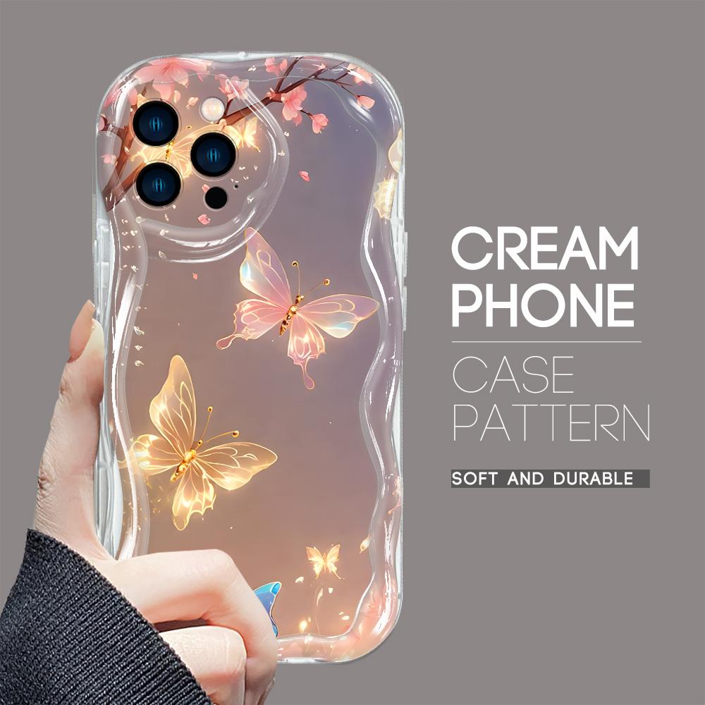 Для iPhone 16 15 14 13 12 Pro Max Samsung S24 Ultra S23 S22 Plus Redmi Note 13 Pro чехол с рисунком в виде цветов и бабочек и мягким волнистым краем