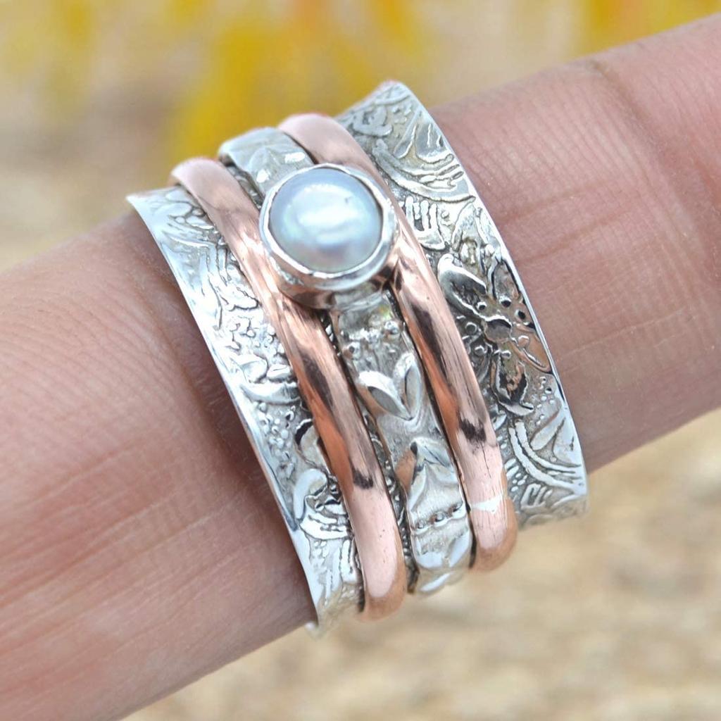White Pearl Ring, Spinner Ring, Two Tone Ring, Designer Ring, Handmade Ring, Spinner Band, Bohemian Ring, Anniversary Gift