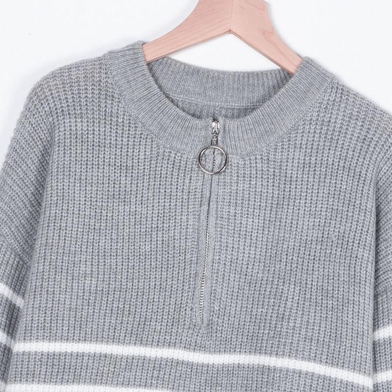 Полосатый свитер женский вязаный пуловер осень зима мода молния джемпер длинный рукав полувысокий воротник свободный пуловер