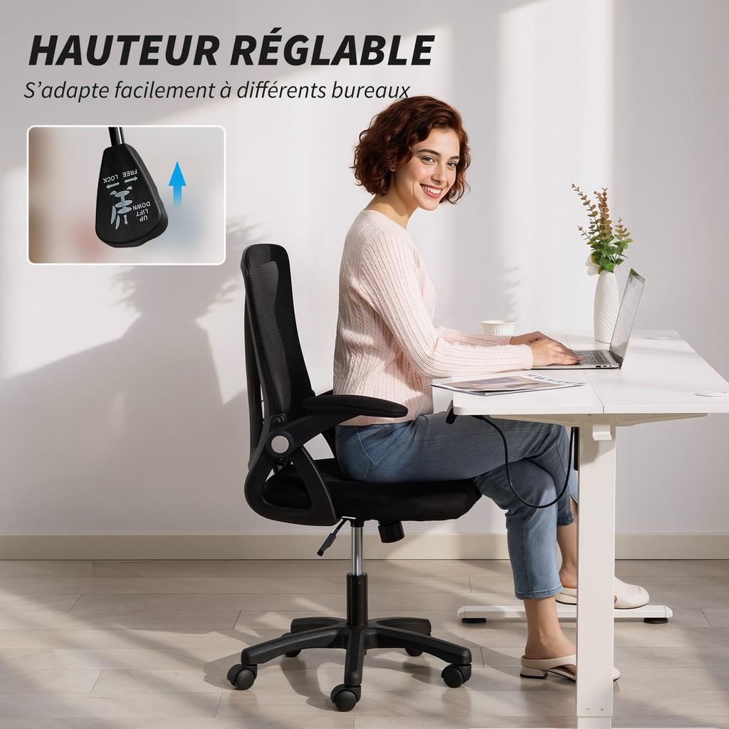 Ergonomic Office Chair, Mesh Office Armchair, Foldable Armrests, Adjustable Height, 59.5x56x103cm, Black