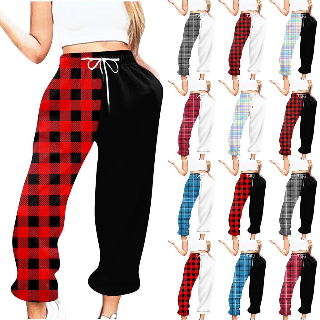 Женские повседневные модные повседневные брюки с принтом в клетку, брюки с завязками на шнурке