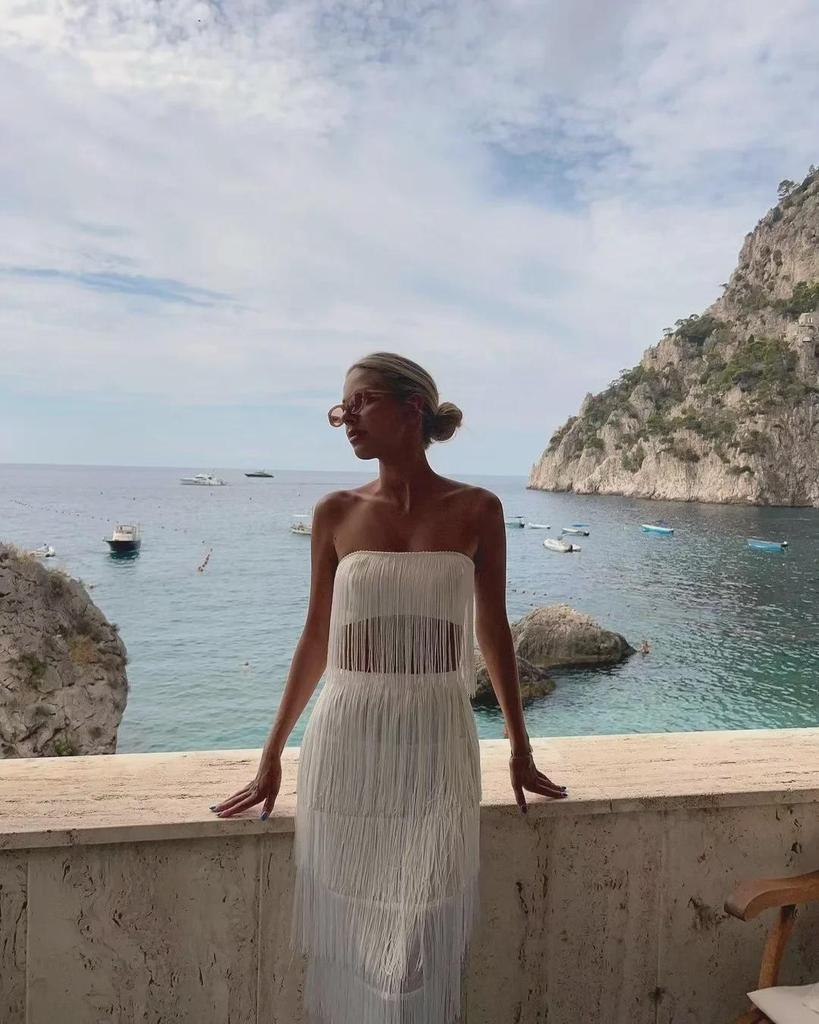 2022 One-Shoulder Two-Piece Tube Top and Tassel Long Skirt Set