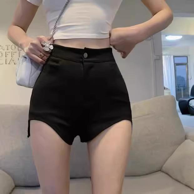 Women's 2024 Summer High-Waisted Black A-Line Suit Shorts - Sexy, Slimming, Irregular, Hip-Hugging Casual Style