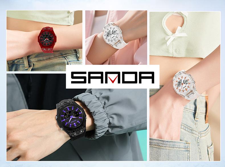 Модные наручные часы Sanda с двойным дисплеем, многофункциональные, с цветным прозрачным корпусом, для молодежного корейского стиля