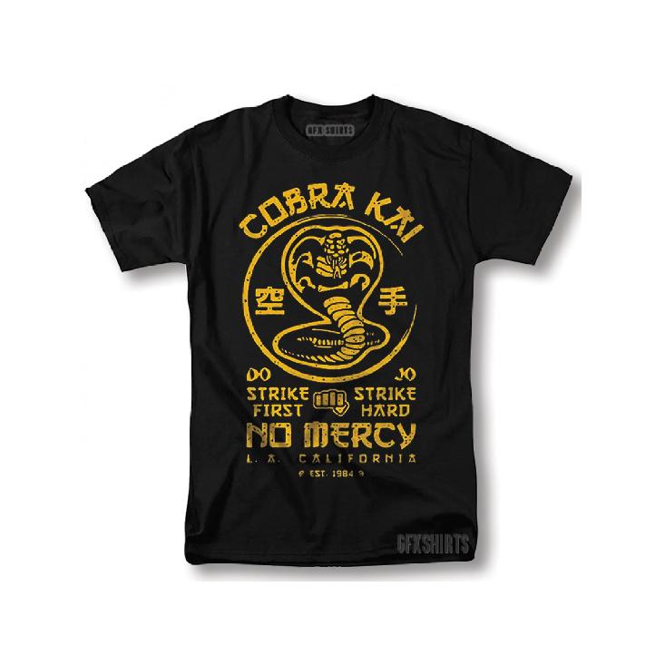 Cobra Kai TV Show T-Shirt - Strike First Strike Hard No Mercy Vintage Graphic Tee Black with Yellow Print, Regular Fit Round Neck, 1984 California