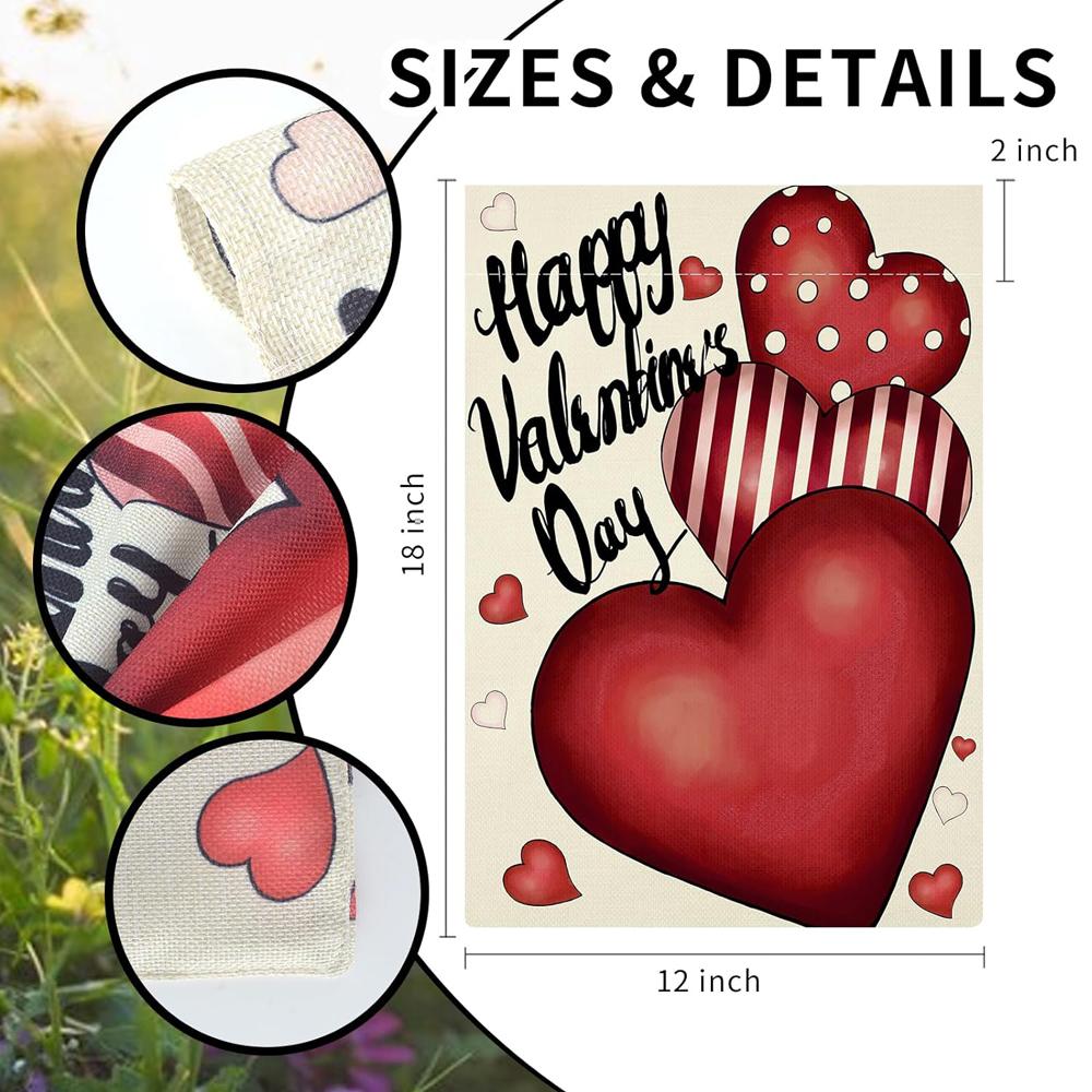 Valentine's Day Garden Flag 12x18 Inch Double-Sided Heart Burlap Banner Small Seasonal Decorative Flags for Outdoors