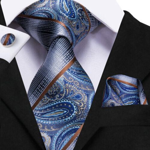 Paisley Mens Blue Tie Set Silk Woven Necktie Handkerchief Cufflinks Wedding Gift