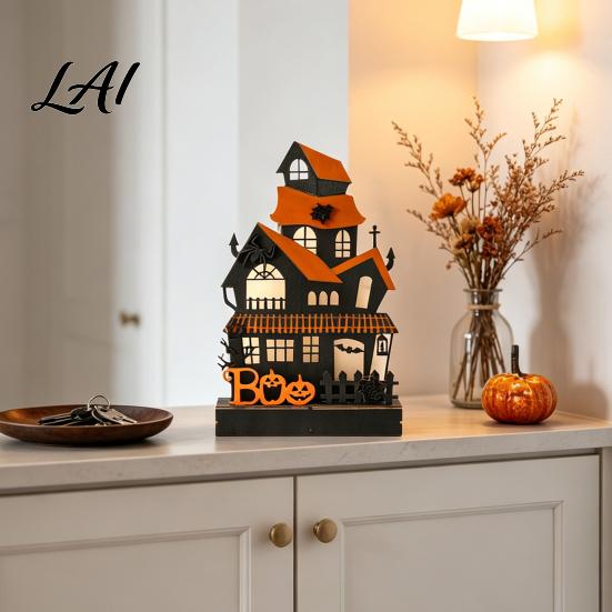 Boxwood Craft Ornament Gifts Wooden Glowing Haunted House Figurine with LED Light Halloween Tabletop Centerpiece Night Light Ornaments for Home Party