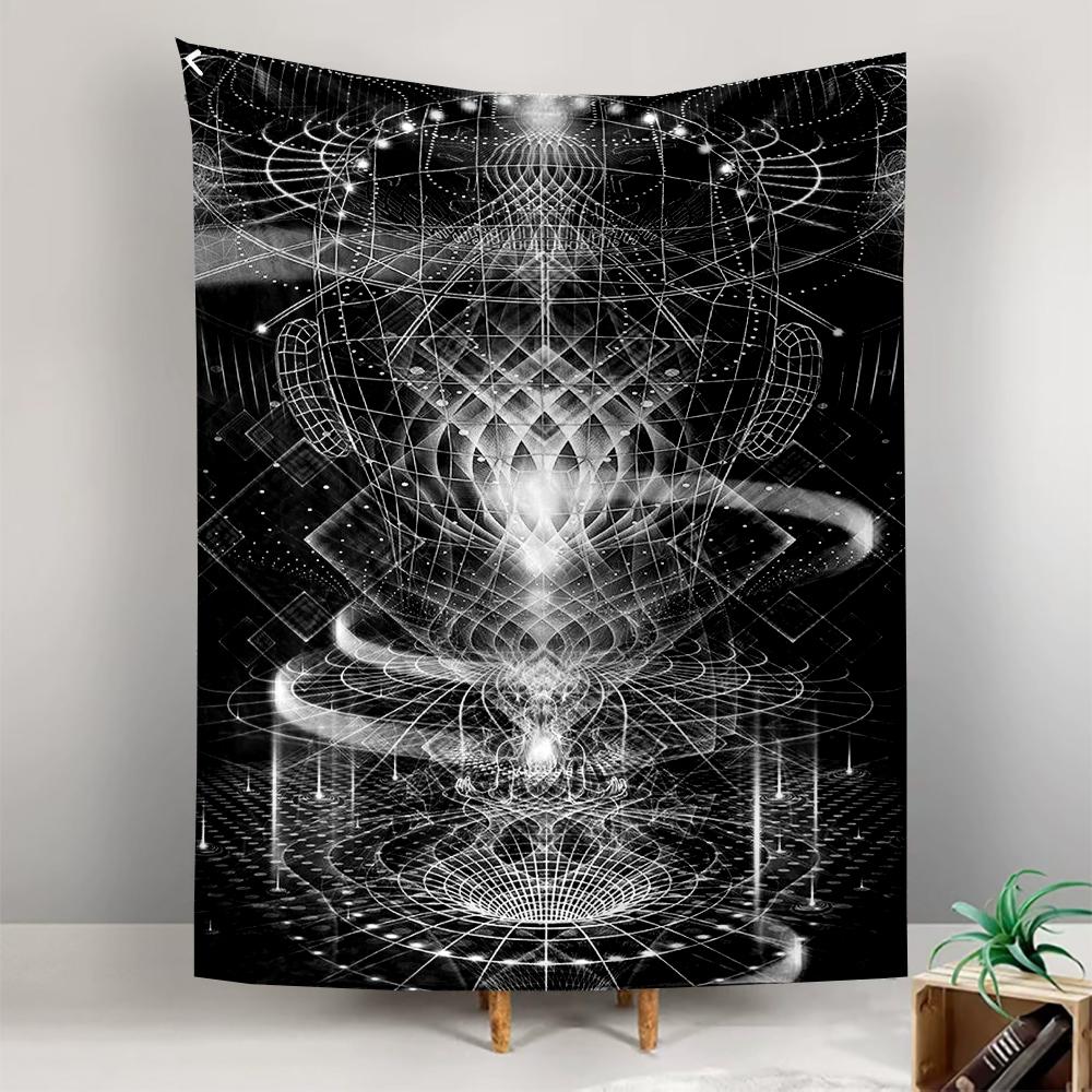 Tapestry Sacred Geometry Black White Fractal Light Lines Poster Wall Art for Living Room