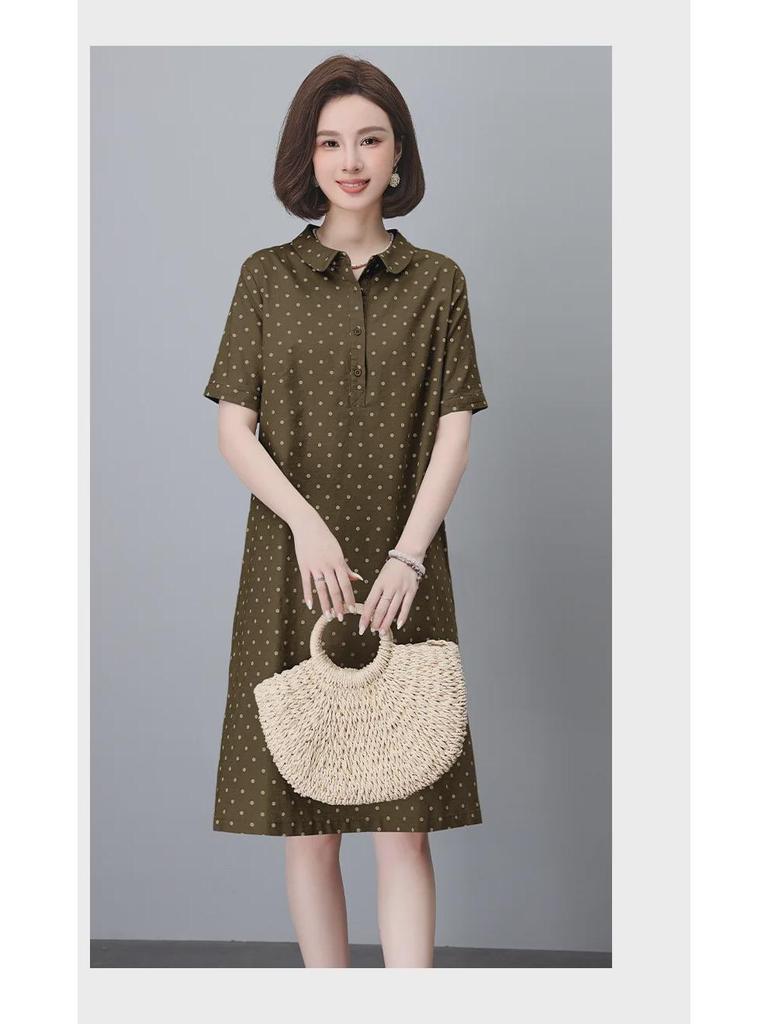 Летнее платье в горошек из хлопка и льна 2024 года — женское, французский стиль, размер плюс, длинная юбка