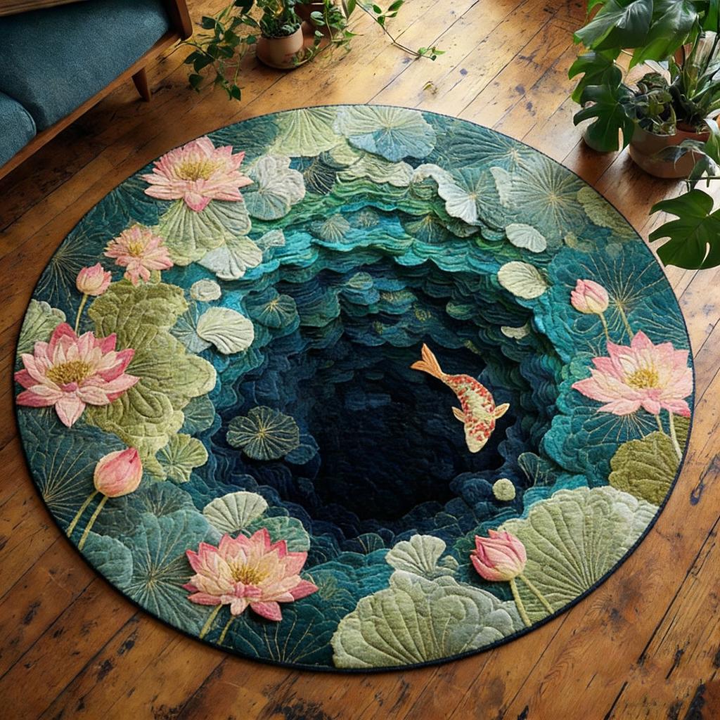 3D Koi Fish  Lotus Round Rug - Visual Illusion Anti-Slip Decorative Floor Mat for Bedroom and Living Room Decor