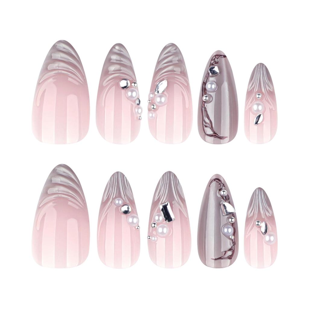 French Pastel Cat Eye 3D Wave Pearl Rhinestone Press-On Nails