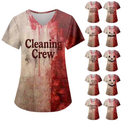 Женская модная повседневная футболка с принтом на Хэллоуин и карманом