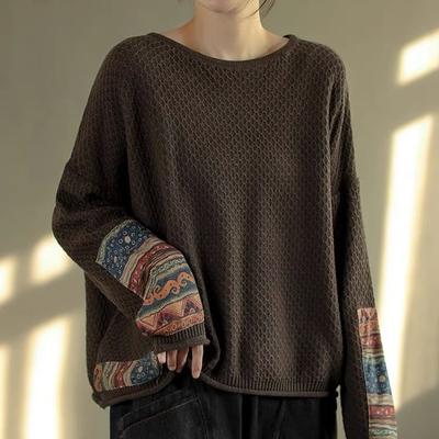 Осень-зима женский ретро национальный стиль аппликация хлопковая нить вязаный свитер свободный литературный круглый вырез пуловер топ