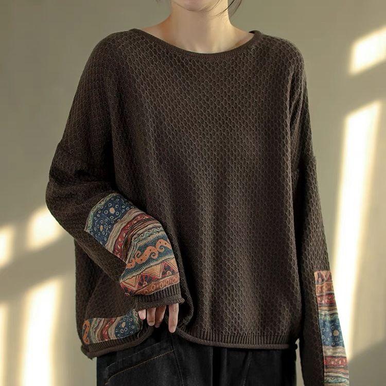 Осень-зима женский ретро национальный стиль аппликация хлопковая нить вязаный свитер свободный литературный круглый вырез пуловер топ