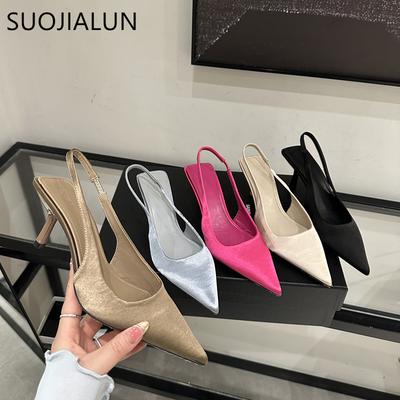 Модные женские сандалии SUOJIALUN 2025 нового бренда, модные туфли-лодочки с острым носком, на тонком высоком каблуке, с ремешком на пятке, элегантные туфли для платья