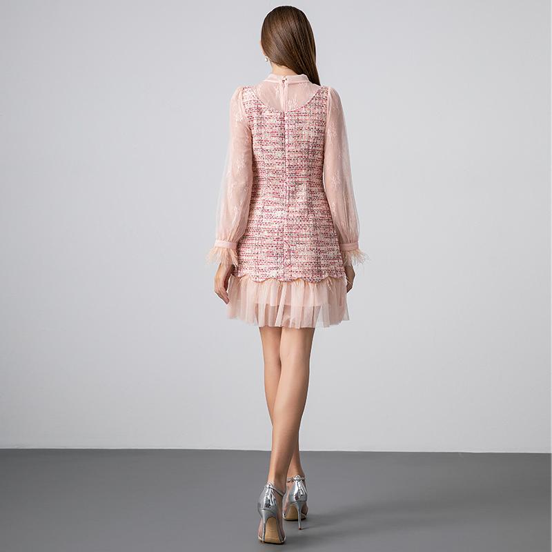 Осенне-зимние женские милые бабочки воротник перья рукава сетчатый пэчворк твидовые вечерние платья