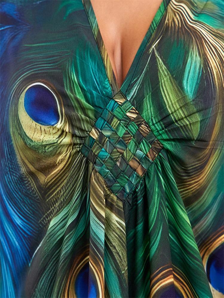 EDOLYNSA 2024 Green Peacock Plume Printed Beach Dress V-neck Side Split Plus Size Kaftan Summer Boho Swimsuit Coverup For Women Cozy House Robe Q1588