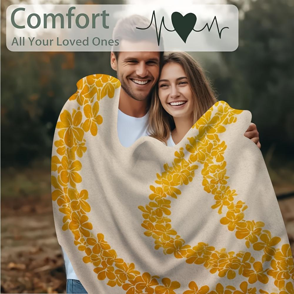 1 шт. Мягкое одностороннее печатное одеяло 60x80 дюймов - Желтый и белый цветочный узор «Лей», Ретро-стиль, Плотность пряжи 100+, Всесезонное