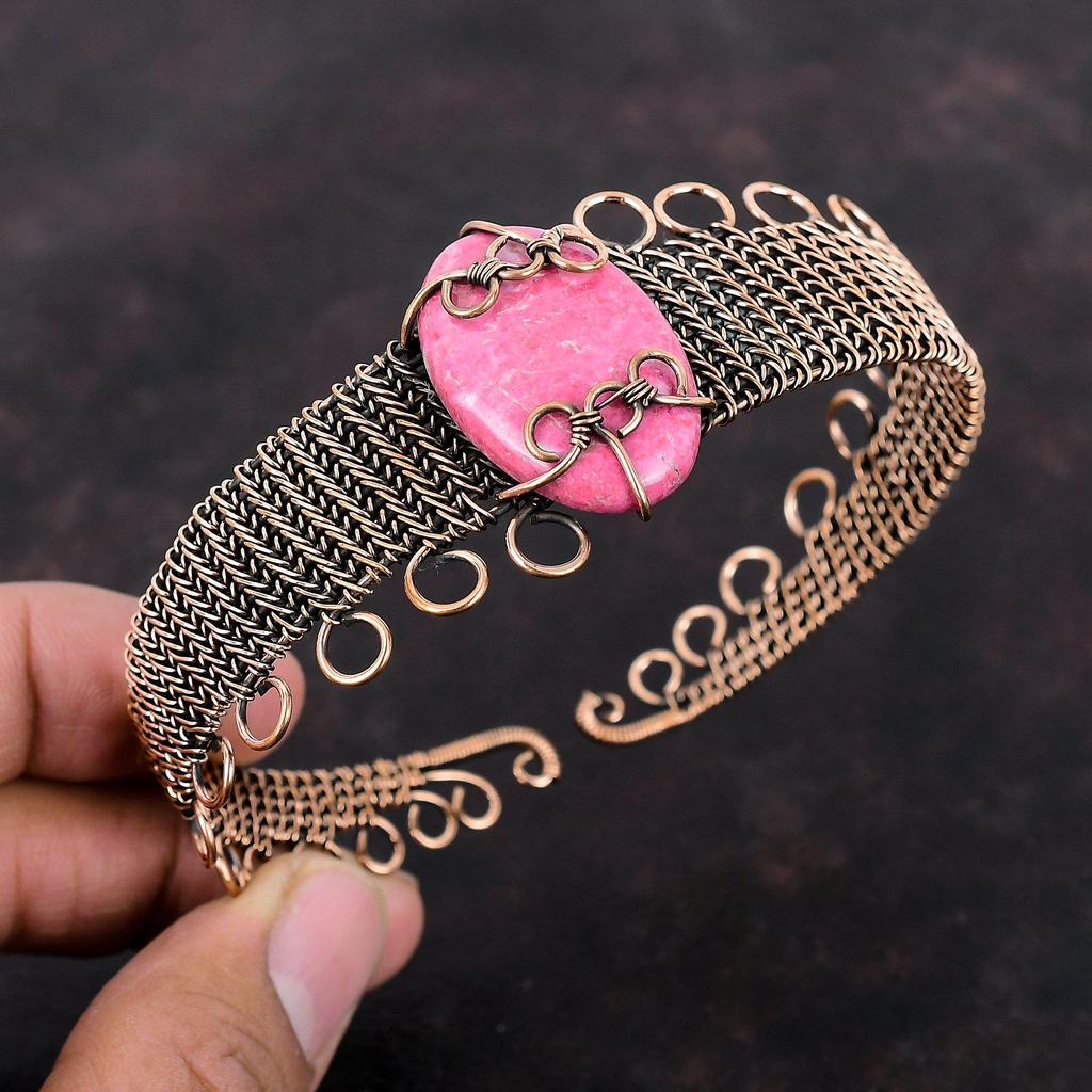 Браслет-манжета Thulite, браслет с драгоценными камнями, медная проволока, регулируемый браслет-манжета, браслет ручной работы, медная проволока, ювелирный браслет для женщин