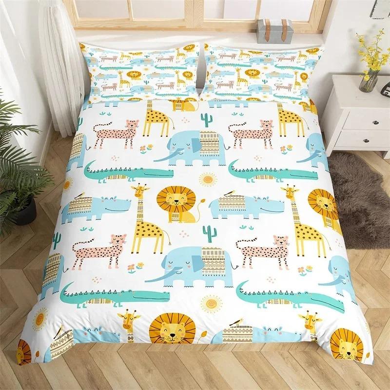 Kawaii Lion Duvet Cover Set Twin King For Kids Boys Girls Cartoon Animal Bedding Set Microfiber Wild Animals Theme Quilt Cover