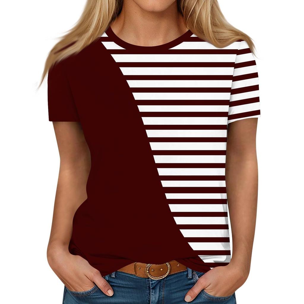 Summer Round Neck 3D Striped Print Top Fashionable Casual Short Sleeved Women's T-shirts