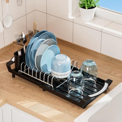Сушилка для посуды с держателем для столовых приборов, большая вместимость, прочная несущая столешница, выдвижная сушилка для посуды с дренажной доской