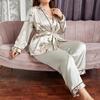 Women's Cardigan Printed Robe with Long Trouser Pajamas Set Loose Conjuntos Feminino Elegante Ladies Suits