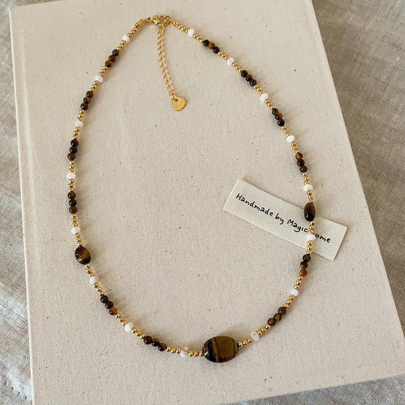 Ретро-легкое роскошное ожерелье из бисера с тигровым глазом, женское уникальное элегантное универсальное ожерелье на шею, цепочка на ключицу