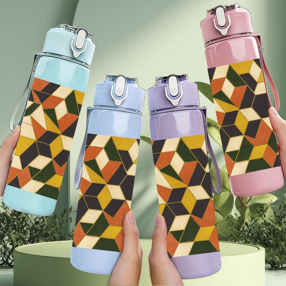 1PC Geometric Color Block Pattern 750ml Color Plastic Sports Water Bottle Leakproof Flip Straw Lid Suitable for Sports Office Home Use