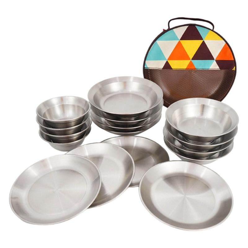 Set of 16 Stainless Steel Camping Plates Outdoor Dinnerware Barbecue Tableware Travel Friendly Meal Plate Cookwares