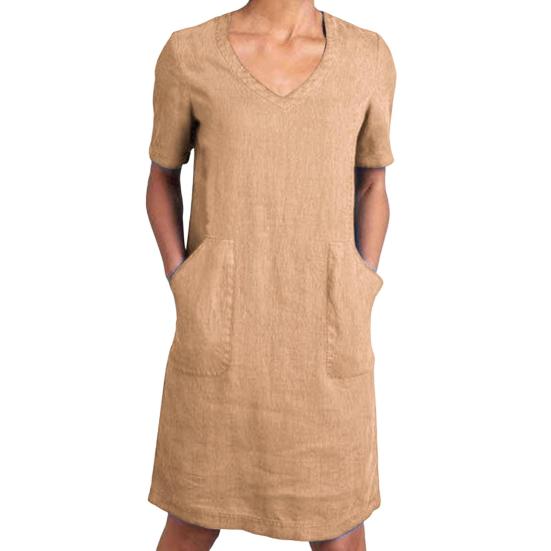 Женское хлопковое льняное платье-рубашка, летнее платье миди с коротким рукавом и V-образным вырезом, повседневное платье-рубашка с карманами