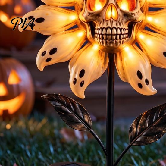 Durable Resin Lawn Sculpture Solar Powered Skull Sunflower Light, Waterproof Garden Stake Weather Resistant Outdoor Porch Decor Halloween Yard