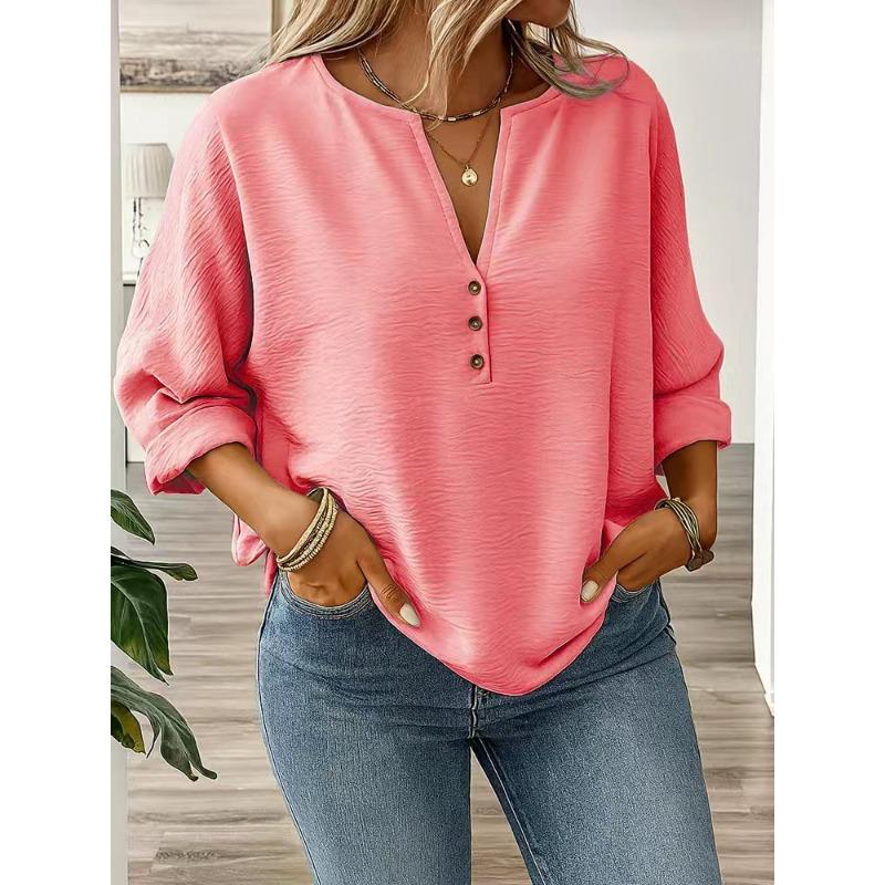 New Women's Casual Long-sleeved V-neck Door Barrel Regular Clean Multi-color Top T-shirt