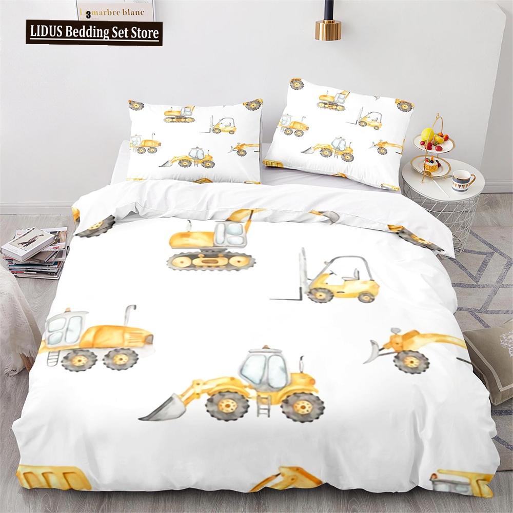 Комплект пододеяльника Digger Мультяшный Грузовик Тяжелой Техники Кран Бетономешалка Экскаватор Трактор Узор Для Ребенка Подростка Полиэстеровый Постельный Комплект