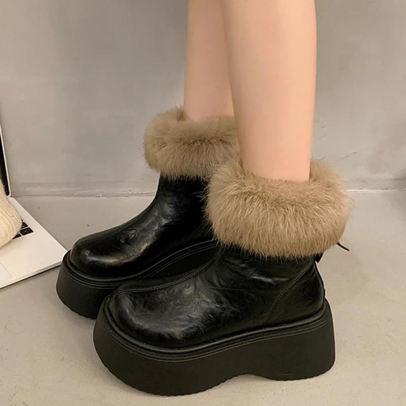 Женские меховые ботильоны на платформе, кожаные туфли на плоской подошве, женская мода 2025 года, зимние теплые, элегантные, готические, новые, зимние сапоги Mujer Botas